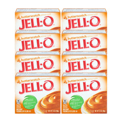 Jell-O Butterscotch pudding mix box front view, quick dessert base
