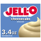 Jell-O Cheesecake pudding box front, showcasing packaging and a quick dessert option.
