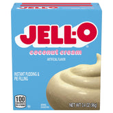Jell-O Coconut Cream Pudding Mix box in six pack, ideal for quick dessert ideas.