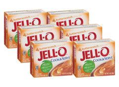 Jell-O Cook & Serve Butterscotch pudding boxes for quick dessert prep.