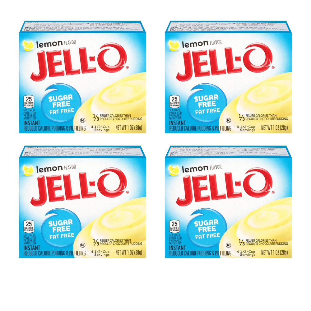 Jell-O Lemon pudding boxes on pantry shelf offer quick, lighter dessert options.
