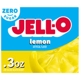 Jell-O Lemon Zero Sugar box front showcases bright packaging for a quick low-calorie treat