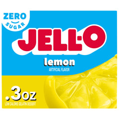 Jell-O Lemon Zero Sugar box front showcases bright packaging for a quick low-calorie treat