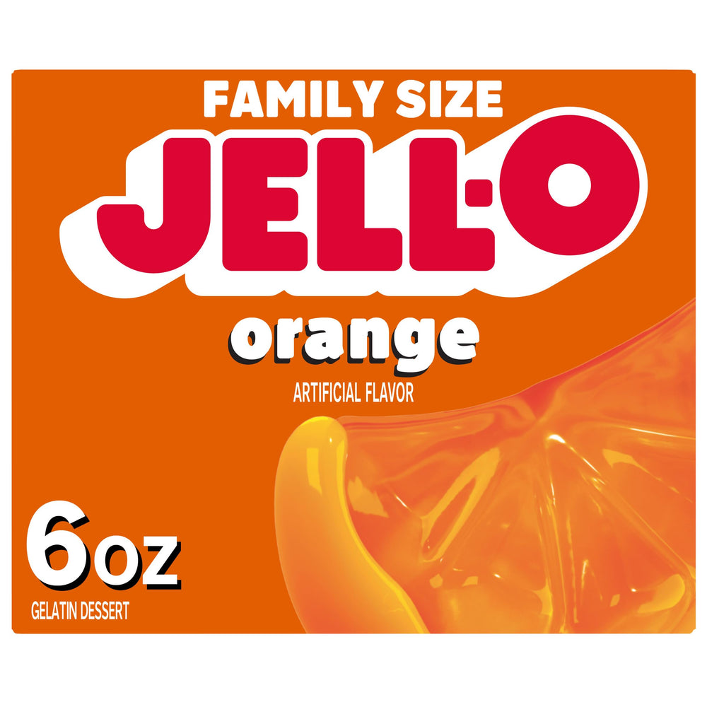 Jell-O Orange Gelatin Dessert Mix box front showing vibrant color and family-size value.
