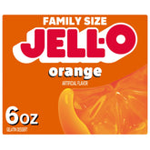 Jell-O Orange Gelatin Dessert Mix box front showing vibrant color and family-size value.