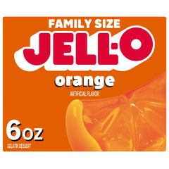 Jell-O Orange Gelatin Dessert Mix box front showing vibrant color and family-size value.