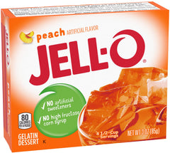 Jell-O Peach Gelatin Dessert six-pack, front view for quick snacks.