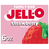 Jell-O Strawberry Gelatin Dessert Mix box front ideal for family snacking.