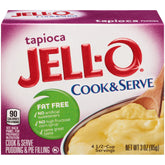 Jell-O Tapioca Cook and Serve box front, a convenient fat-free dessert option.