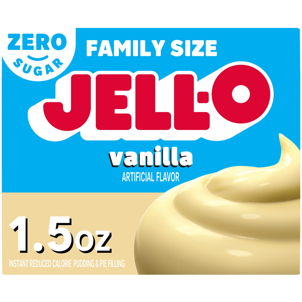 Jell-O Vanilla Sugar Free pudding boxes stacked for pantry-ready dessert ideas