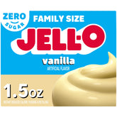 Jell-O Vanilla Sugar Free pudding boxes stacked for pantry-ready dessert ideas