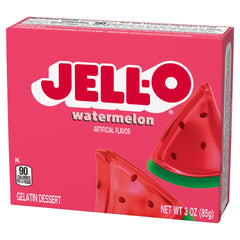 Jell-O Watermelon gelatin cooling in the refrigerator until set.
