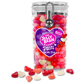 The Jelly Bean Planet Heart Beats jar shows colorful heart-shaped beans for sharing.