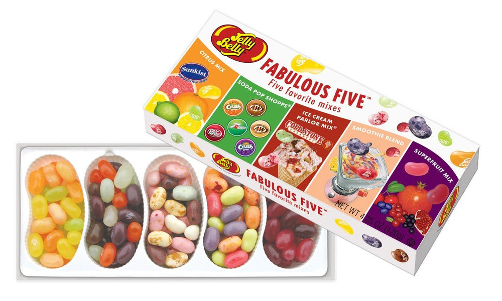 Jelly Belly Fabulous Five gift box featuring five flavors, ideal for sharing or gifting