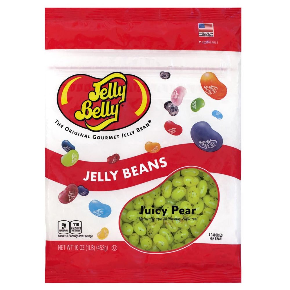 Jelly Belly Juicy Pear beans pack with resealable bag for freshness