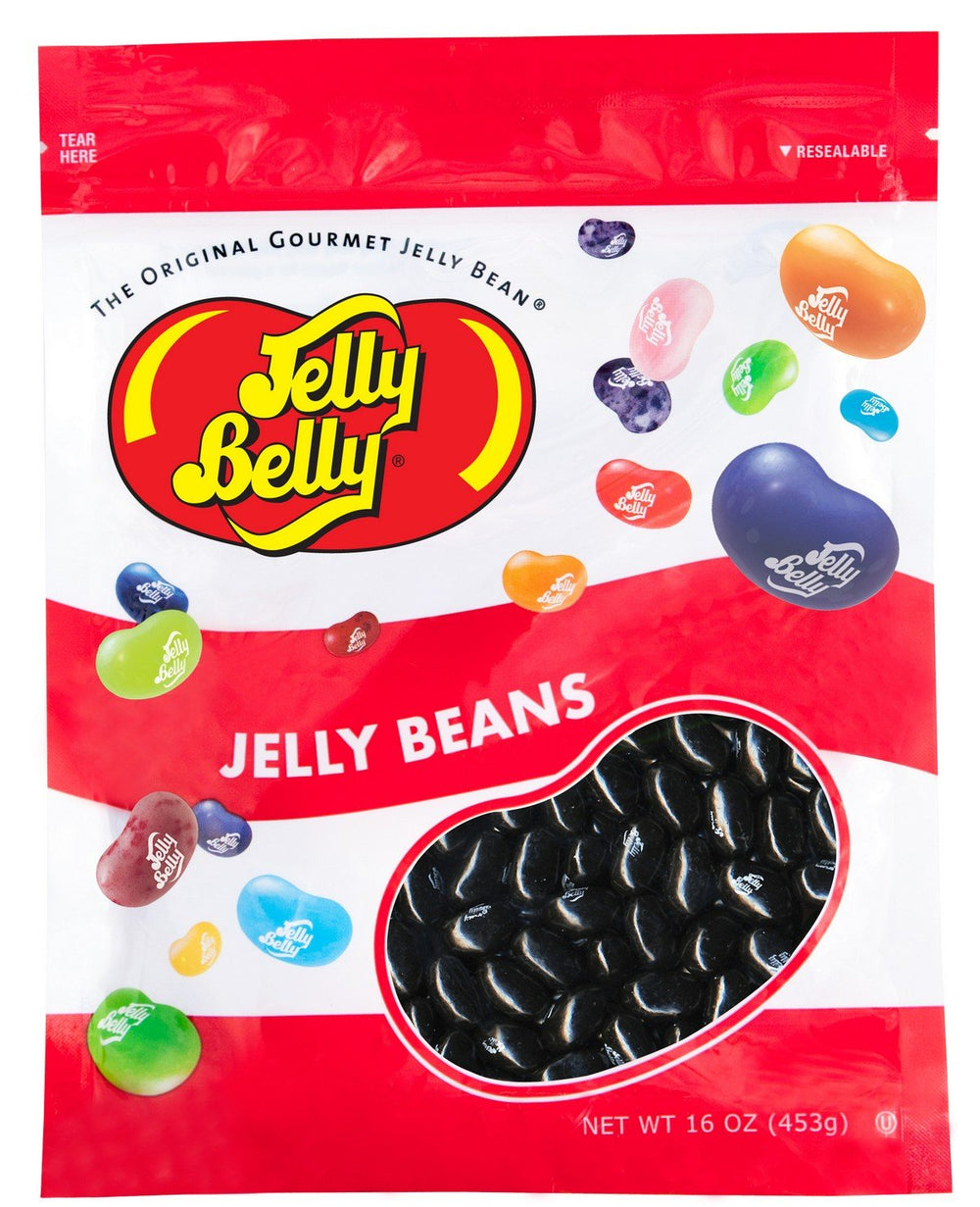 Jelly Belly Licorice Jelly Beans bag closeup, gluten-free and kosher-friendly on-the-go snack.