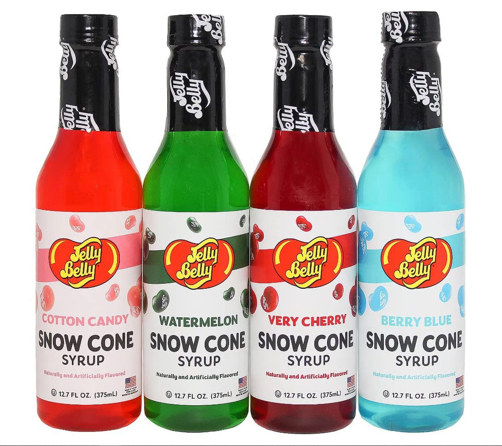 Jelly Belly Snow Cone Syrup very cherry bottle pouring over shaved ice for a bright treat