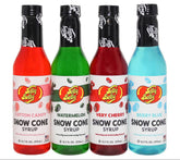 Jelly Belly Snow Cone Syrup very cherry bottle pouring over shaved ice for a bright treat