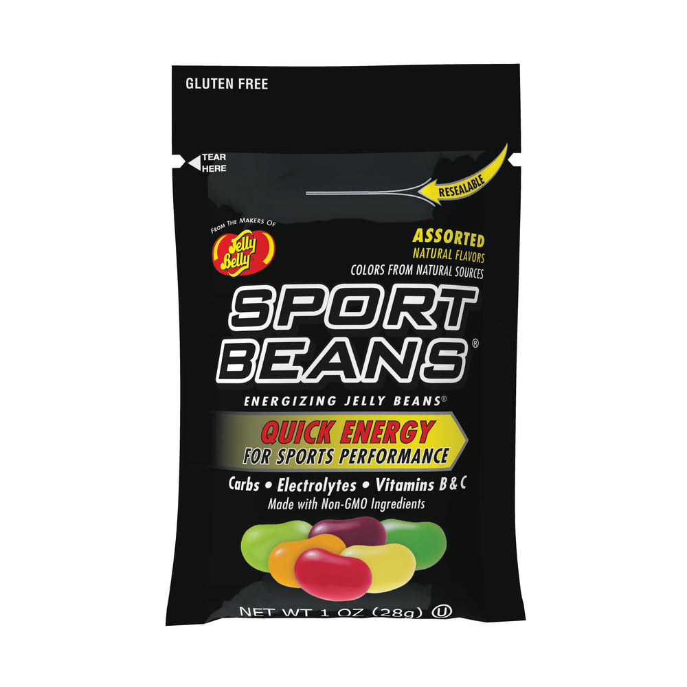 Jelly Belly Sport Beans bag front showing colorful energizing jelly beans for athletes.