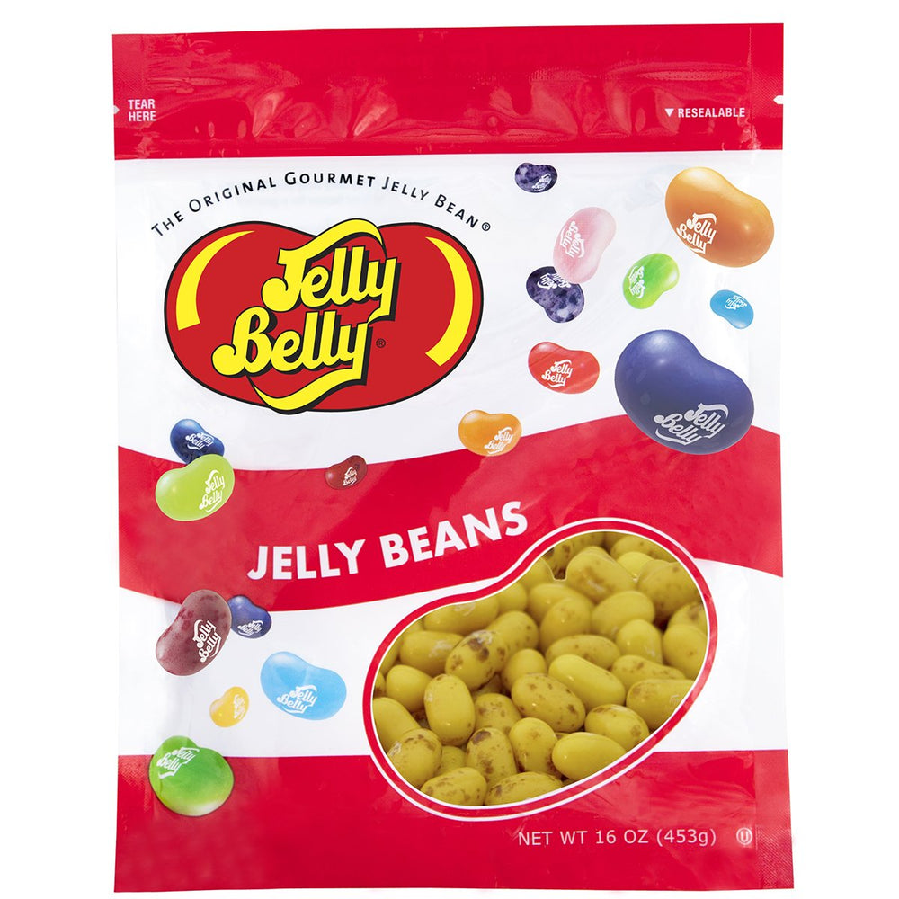 Jelly Belly Top Banana bag front view, resealable packaging keeps freshness.