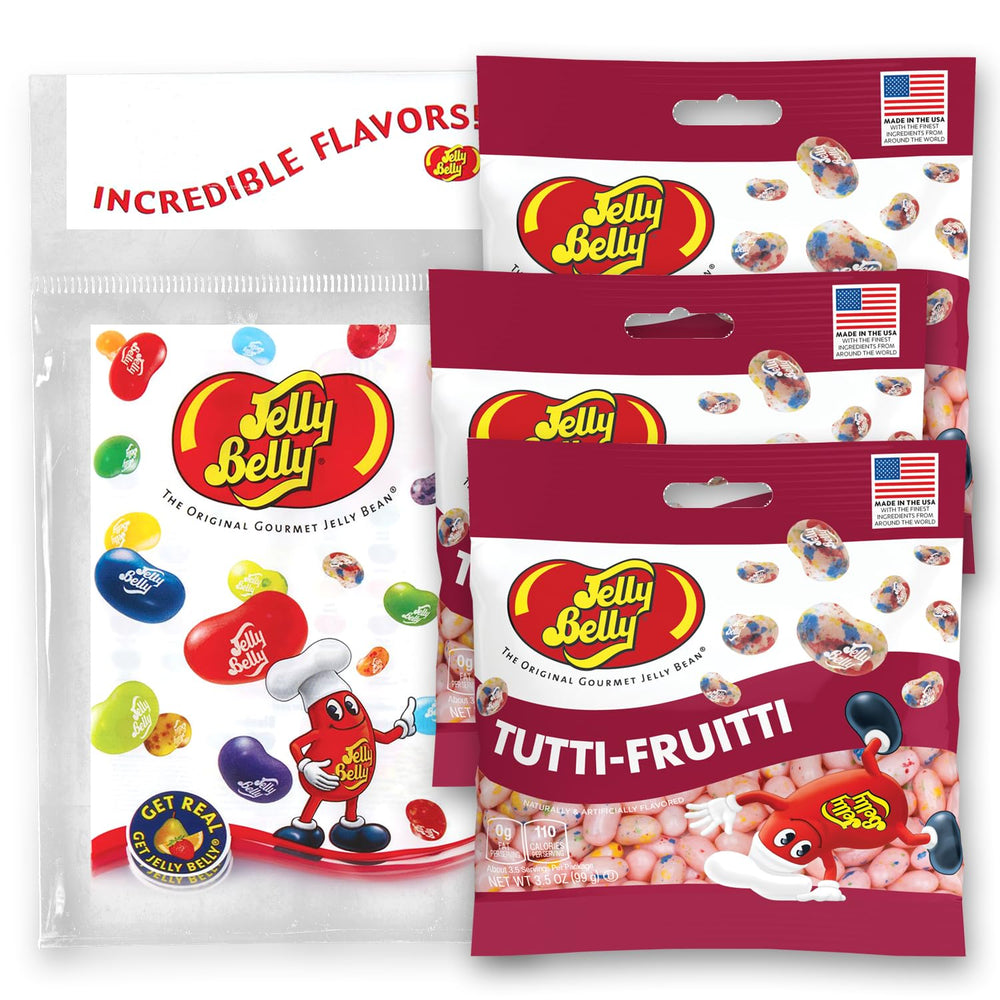 Jelly Belly Tutti-Frutti beans close-up with colorful sprinkles, a fun snack.