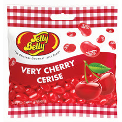 Jelly Belly Very Cherry bottle closeup highlights glossy beans and chewy texture.