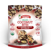 Jennies Organic Coconut Bites pack showing cranberries and goji for convenient snacking