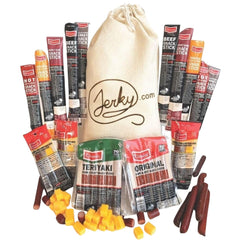 Jerky.com 26pc variety pack front gift bag, the perfect ready-to-gift snack.