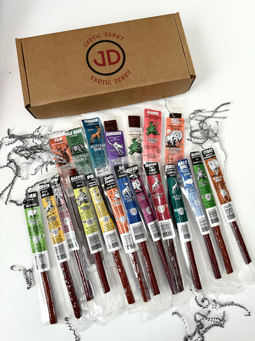 Jerky Dynasty Buffalo Bob's Exotic Jerky Gift Box packaging highlights premium gift appeal.