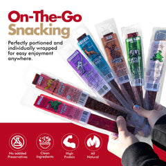 Jerky-n-Spice Buffalo jerky slice highlighting rich, gamey flavor.