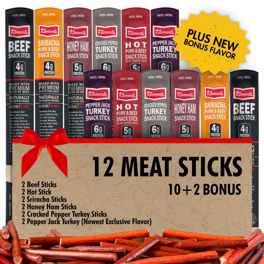Jerky.com 12-pack sampler with assorted meat sticks for on-the-go snacking.