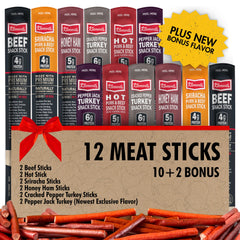 Jerky.com 12-pack sampler with assorted meat sticks for on-the-go snacking.