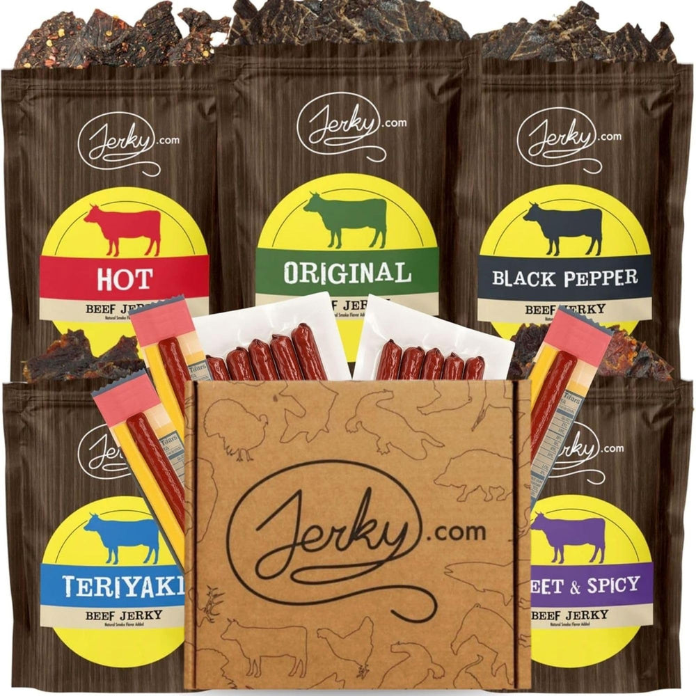Jerky.com 21 piece gift box displayed for protein on the go