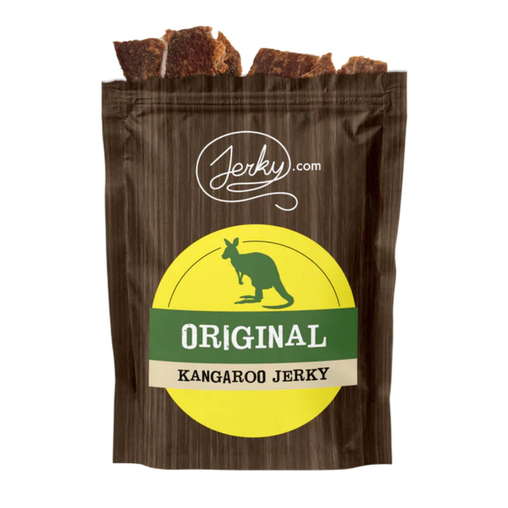 Jerky.com Original Kangaroo Exotic Jerky packshot highlights premium protein for on-the-go snacking.