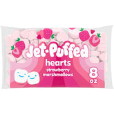 Jet-Puffed Strawberry Hearts Marshmallows pack front shows a festive Valentines snack idea.