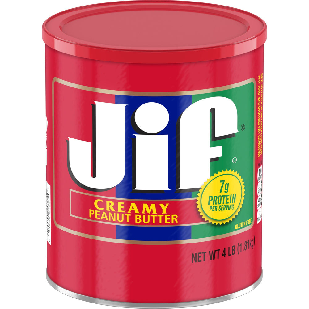 Jif Creamy Peanut Butter jar front view, ideal for sandwiches and snacks