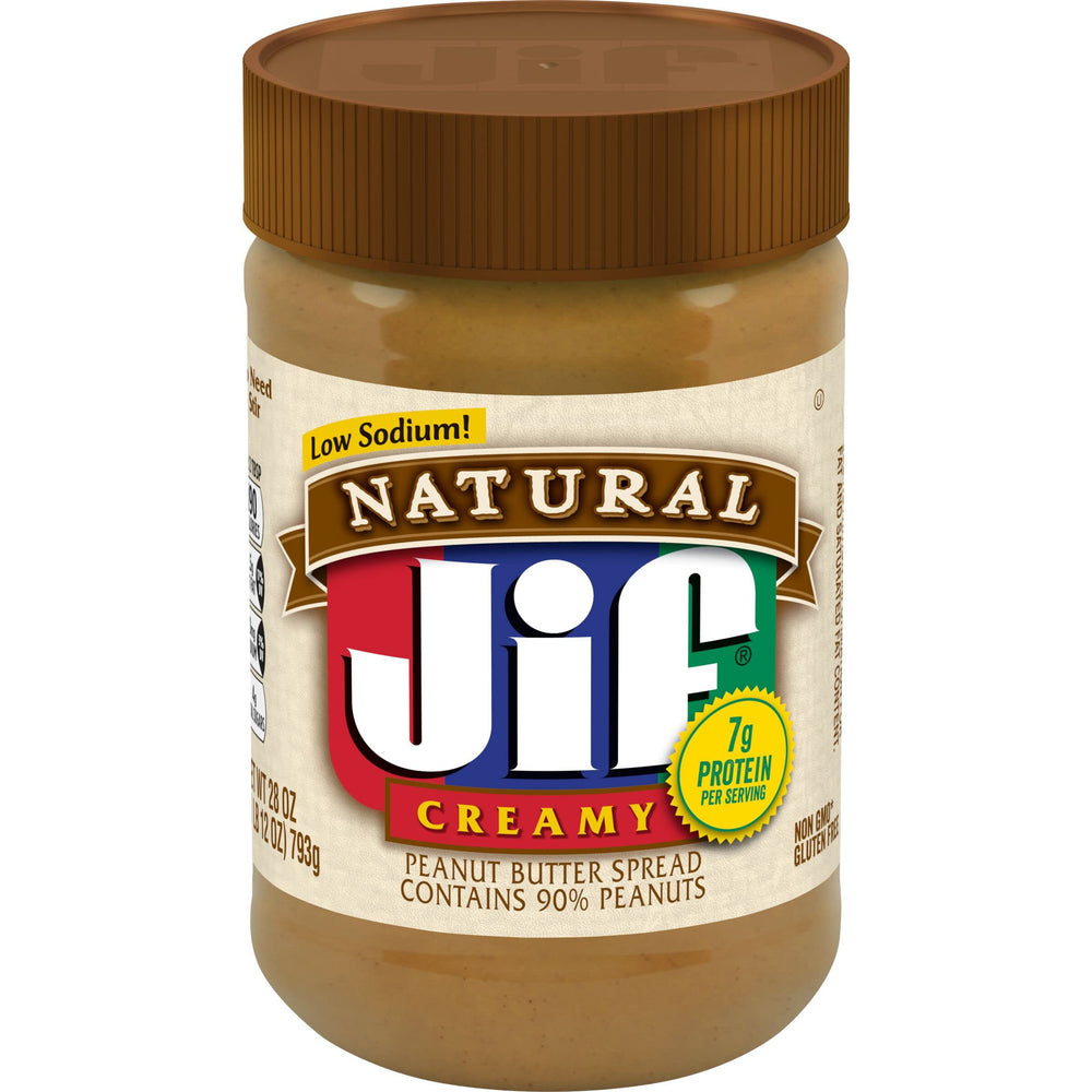 Jif Natural Creamy Peanut Butter jar front view showing creamy texture for quick snacking