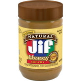 Jif Natural Creamy Peanut Butter with Honey jar 16oz – smooth, ready-to-spread texture.