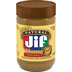 Jif Natural Creamy Peanut Butter with Honey jar 16oz – smooth, ready-to-spread texture.