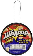 JIFFY POP butter-flavored popcorn in a stovetop pan for a quick, homemade snack.