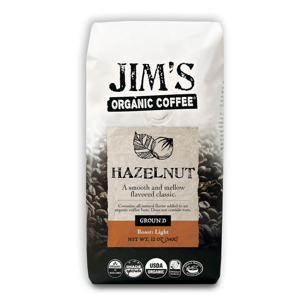 Jim's Organic Coffee Hazelnut ground coffee bag, perfect for drip brewing.