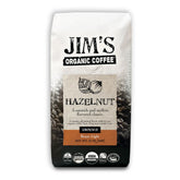 Jim's Organic Coffee Hazelnut ground coffee bag, perfect for drip brewing.