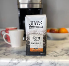 Jim's Organic Coffee Hazelnut roasted beans, ideal for fragrant mornings.