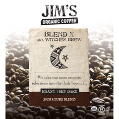 Jim’s Organic Coffee whole-bean-pack ready for grinding for peak flavor