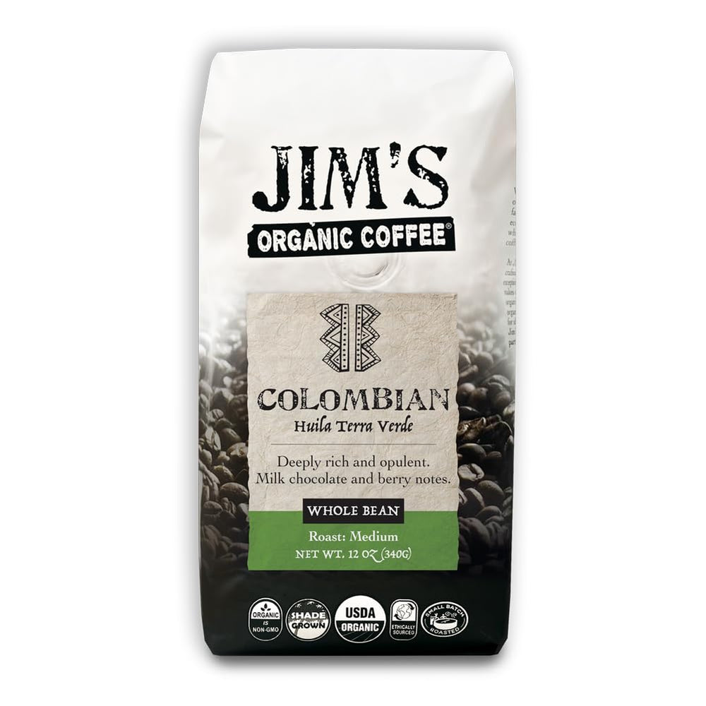 Jim's Organic Coffee Colombian single-origin bag for a rich brew