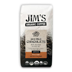 Jims Organic Coffee Double Chocolate pack shot highlights premium flavor and organic packaging.