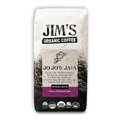 Jim's Organic Coffee Jo-Jo's Java Blend packaging shows roaster-fresh flavor for home brewing