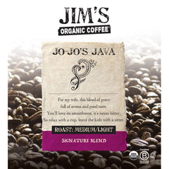 Jo-Jo's Java Blend exterior packaging—shade-grown, regenerative sourcing, premium aroma.