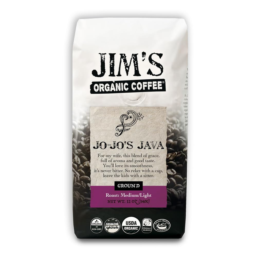 Jim's Organic Coffee Jo-Jo's Java Blend ground bag—organic beans for a smooth, balanced cup.