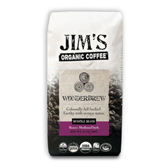 Jim's Organic Coffee Wonderbrew Blend packaging preserves freshness for roaster-fresh flavor.